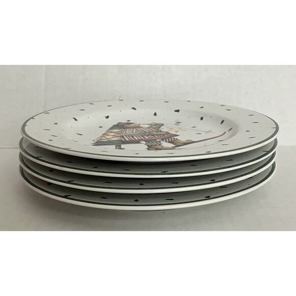 Sakura Debbie Mumm 4 Stoneware 8” Salad Dessert Plates Sledding Characters NOB - Picture 9 of 11
